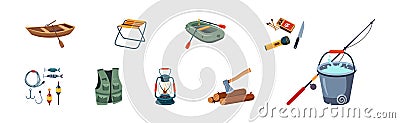 Camping and Tourist Equipment Object and Items Vector Set Stock Photo