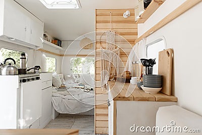 Camping in trailer, rv kitchen and bedroom, nobody Stock Photo