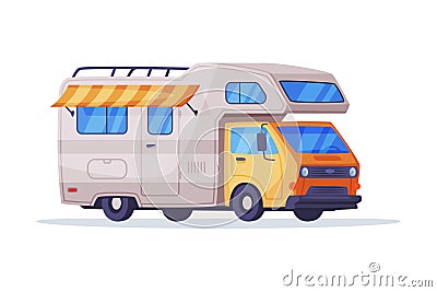 Camping trailer truck with awning. Recreational vehicle van, mobile home on wheels vector illustration Vector Illustration