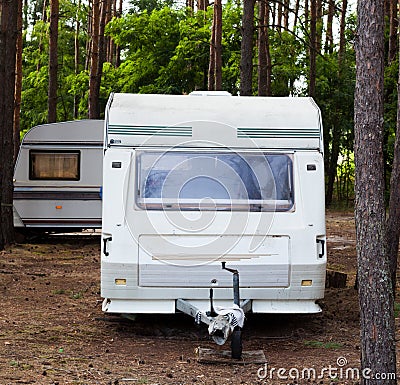 Camping trailers in the forest Stock Photo