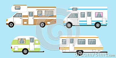 Camping trailers set on blue background. Vector Illustration