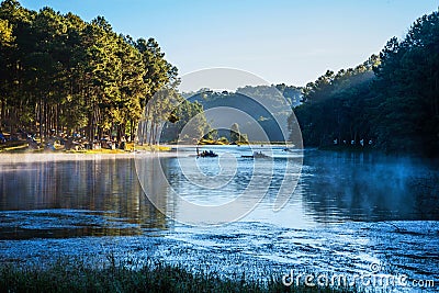 Camping and travel Beatiful nature panorama view of Pang Ung lake in the mist at sunrise Stock Photo