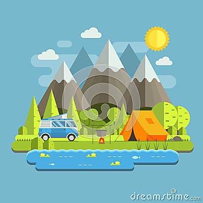 Camping Travel Flat Landscape with RV Camper Vector Illustration