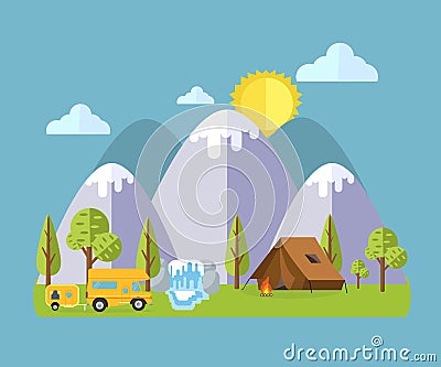 Camping Travel Landscape Vector Illustration