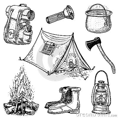 Camping trip, outdoor adventure, hiking. Set of tourism equipment. engraved hand drawn in old sketch, vintage style for Vector Illustration