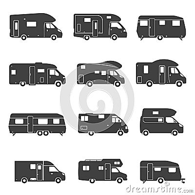 Camping trucks black glyph icons vector set Vector Illustration