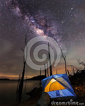 Camping under the clear milky way Stock Photo