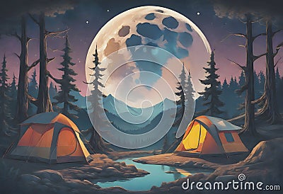 Camping under Descending Moon, Generative AI Stock Photo