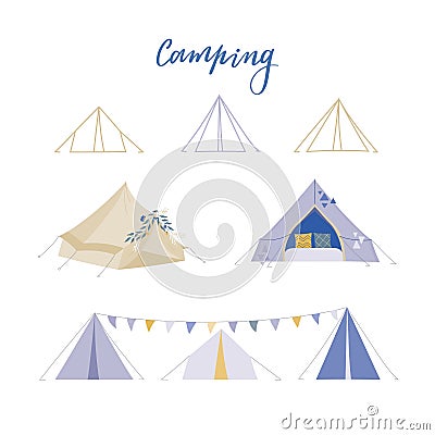 Camping vector illustrations. Boho tent, line tipi for web about summer camp, nature rest. Vector Illustration