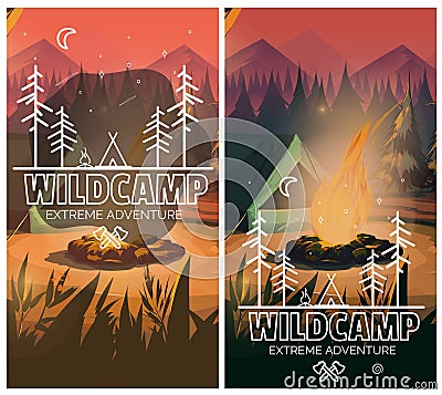 Camping vertical background poster with With tent, campfire , mountains and forest on background. Vector illustration Vector Illustration