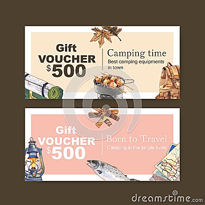Camping voucher design with backpack, firewood, map, lantern watercolor illustration Cartoon Illustration