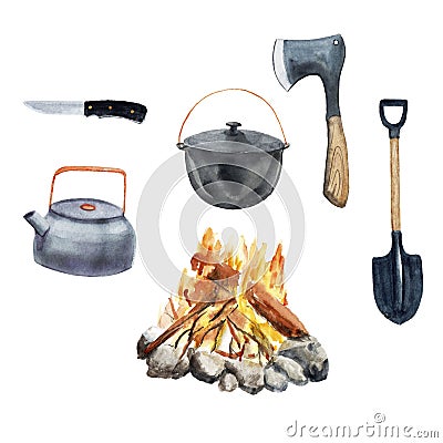 Camping watercolor set - kettle, ax, shovel, bonfire, cauldron Stock Photo