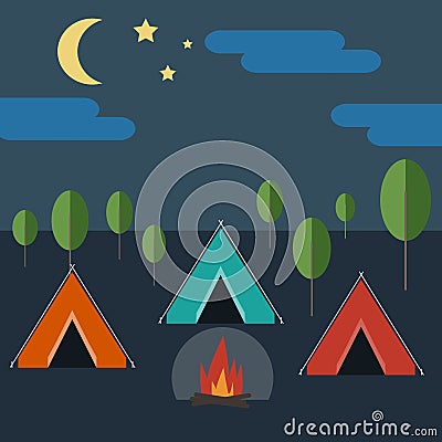 Camping in Wild Nature Vector Illustration