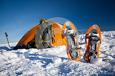 Camping during winter hiking in Carpathian mountains Stock Photo