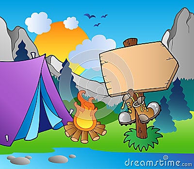 Camping wooden sign on lake shore Vector Illustration