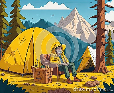 Camping with yellow tent. Generative Ai Stock Photo