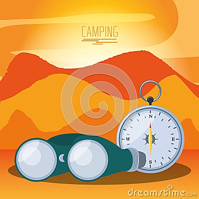 Camping zone with binoculars and compass Vector Illustration