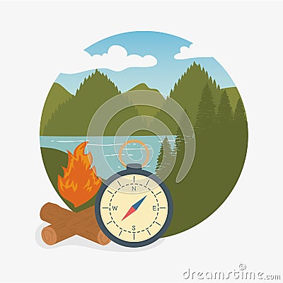 Camping zone scene with compass guide Vector Illustration