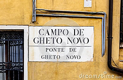 Campo and ponte Ghetto Novo, street plate on the wall in jewish quarter of Venice, Italy Stock Photo