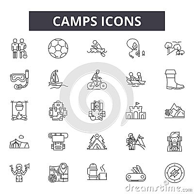 Camps line icons for web and mobile design. Editable stroke signs. Camps outline concept illustrations Vector Illustration