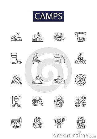 Camps line vector icons and signs. Outdoors, Retreat, Vacation, Recreation, Adventure, Tenting, Cabins, Woods outline Vector Illustration