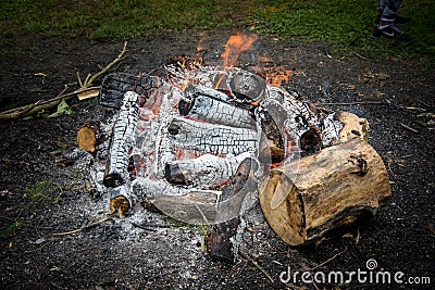 Campsite and Camp fire Stock Photo