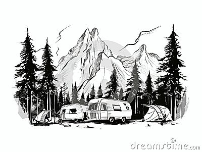 Campsite with camper caravan tent rocky mountains in hand-drawn style Vector Illustration