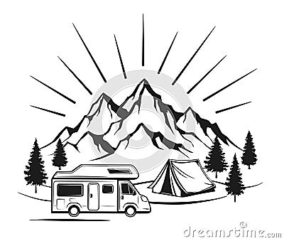 Campsite with camper caravan, tent, rocky mountains, pine forest. Vector Illustration