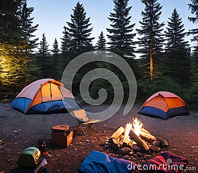 Set up a cozy camping scene with a tent pitched under the starry night sky, illuminated by a warm campfire Stock Photo