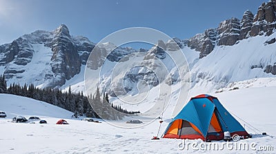 Campsite on the edge of a snowy cliff, with a breathtaking view of mountain ranges and a gentle snowfall. Stock Photo