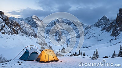 Campsite on the edge of a snowy cliff, with a breathtaking view of mountain ranges and a gentle snowfall. Stock Photo