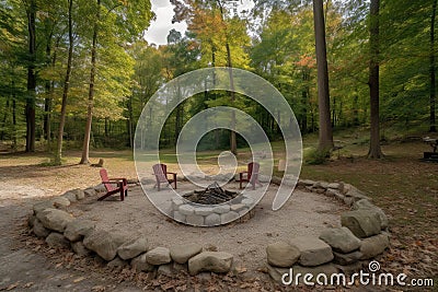 campsite with fire pit and chairs for gathering around Stock Photo