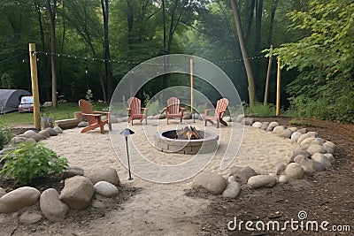campsite with fire pit, lanterns, and chairs for comfortable evening outdoors Stock Photo
