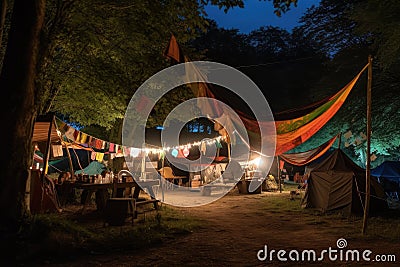 campsite with hammocks, lanterns and games for fun evenings Stock Photo