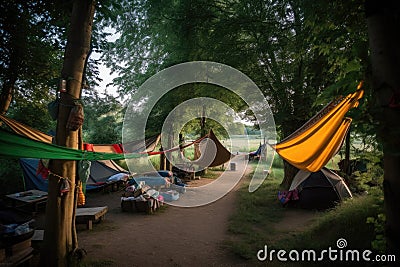 campsite with hammocks, lanterns and games for fun evenings Stock Photo