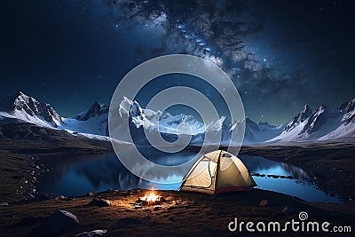 A campsite in the mountains at night Stock Photo