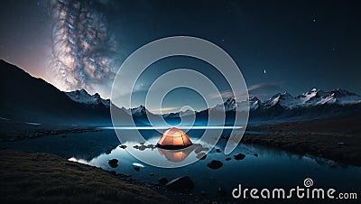 A campsite in the mountains at night Stock Photo