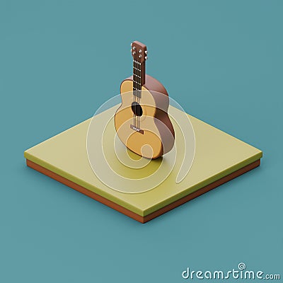 Campsite in nature with guitar, elements for camping, summer camp, traveling, trip, hiking. isometric, 3d rendering Stock Photo