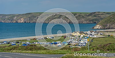 Campsite near Whitesands Bay beach and cliffs, Wales Editorial Stock Photo