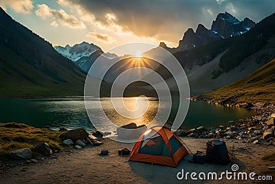 A campsite nestled in a mountain valley, with a clear stream flowing by and a backdrop of rugged peaks Stock Photo