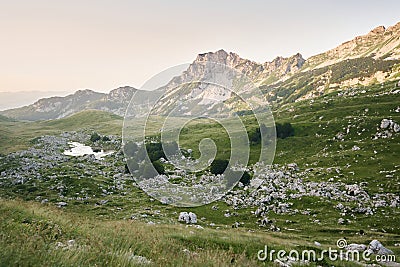 Campsite nestled in a mountainous terrain, a hub for nature enthusiasts Stock Photo