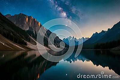 A campsite nestled beside a tranquil mountain lake, with a reflection of the starry night sky on the water's surface Stock Photo