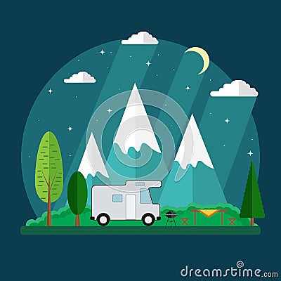 Campsite place in mountain at night. Vector Illustration