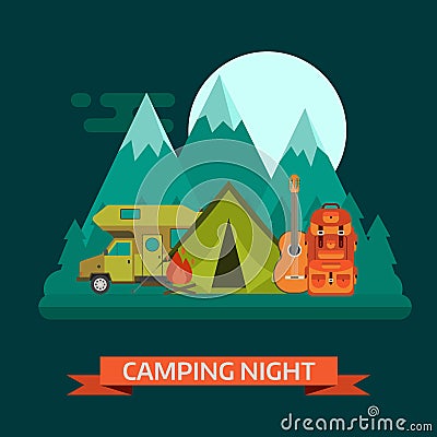 Campsite Place Night Landscape with Camper Van Vector Illustration