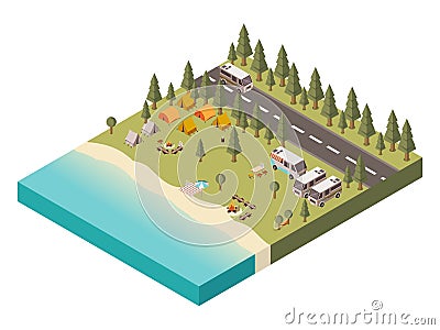 Campsite With Road Isometric Illustration Vector Illustration