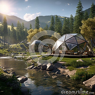 Campsite in Serene Wilderness with Futuristic Eco-Conscious Tent Design Stock Photo
