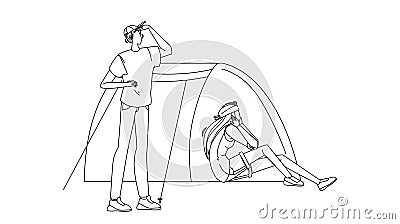 Campsite Tent And Tourists Man And Woman Vector Vector Illustration