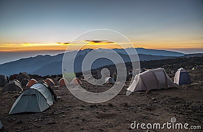 Campsite view in Kilimanjaro Machame route Stock Photo