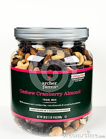 Can of Archer Farms Cashew Cranberry Almond Trail Mix on a White Backdrop Editorial Stock Photo