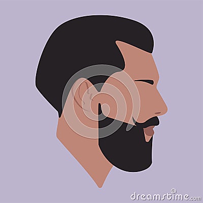 Portrait. Silhouette. Bearded man. Stylish guy. Male head. Man head silhouette. Flat colored Male illustration. Vector Illustration